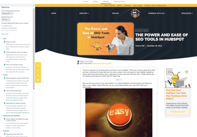 The HubSpot page editor monitors your page content progress against SEO best practices. 