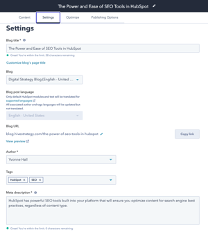 HubSpot Settings Tab SEO tools