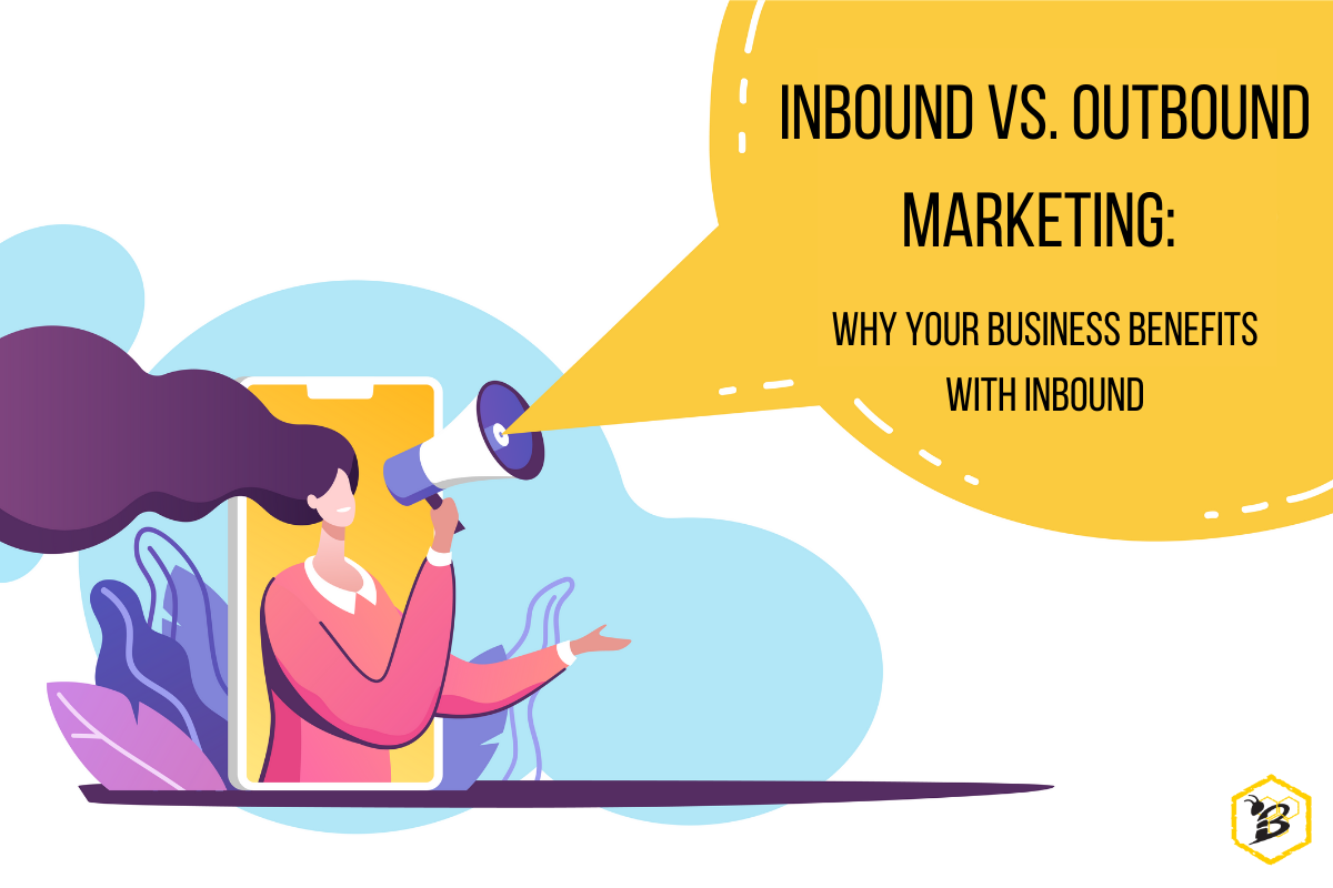 Graphic of a woman using a megaphone to talk about outbound vs inbound marketing